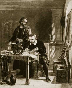 William Tyndale übersetzt das Neue Testament, Illustration aus Hutchinsons Geschichte der britischen Nation, ca. 1923 von English School