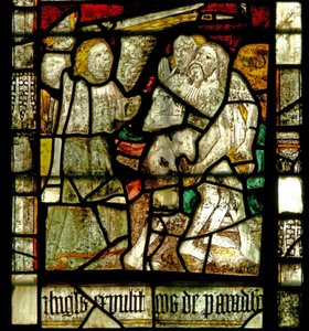 Fenster S2 mit der Vertreibung von Adam und Eva aus dem Paradies