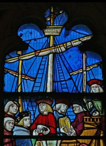 Fenster SaEw, Szene aus einer Legende des Heiligen Nikolaus: Die Getreideschiffe entladen in Myra von English School