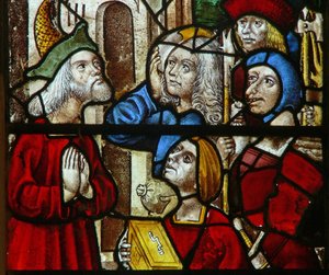 Fenster SaEw, Szene aus einer Legende des Heiligen Nikolaus: Diebe geben den gestohlenen Schatz zurück