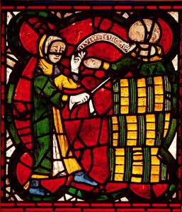 Fenster, das einen Fassverkäufer darstellt, ca. 1300