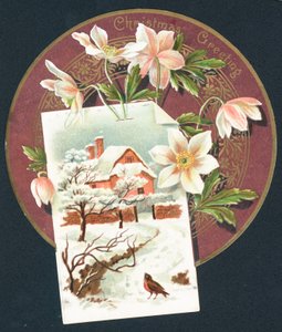 Winterszene mit Hütte und Rotkehlchen, Weihnachtskarte von English School