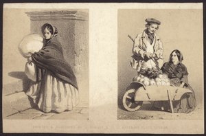 Straßenverkäuferin, die Gemüse von einer Karre verkauft (Lithographie)