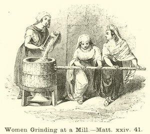 Frauen mahlen an einer Mühle