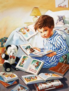 Junger Junge liest Geschichtenbücher