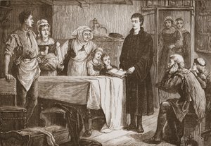 Junger Calvin, der der Familie in Bourges die Bibel erklärt, Illustration aus Die Geschichte des Protestantismus von James Aitken Wylie, veröffentlicht 1878 von English School