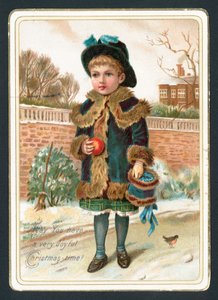 Junges Mädchen hält Pelzmuff und Apfel, Weihnachtskarte