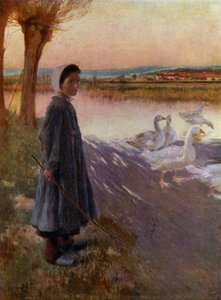 Junges Mädchen hütet eine Gänseschar