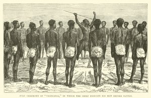 Zulu-Zeremonie von Ukuncinsa, bei der der Häuptling seine Männer vor der Schlacht ermahnt