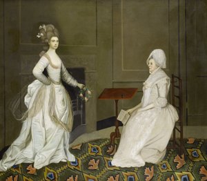 Zwei Damen in einem Innenraum, eine liest, die andere hält einen Blumenkranz von English School, 18th Century