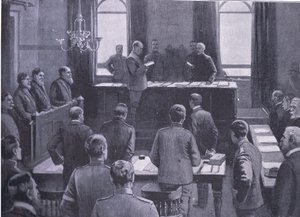 Ein Prozess wegen Hochverrats in Bloemfontein, aus After Pretoria: Der Guerillakrieg veröffentlicht von Harmsworth Bros Limited, 1901 von Enoch Ward
