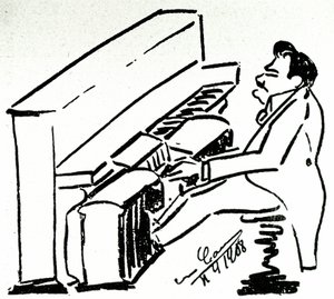 Selbstkarikatur des lyrischen Sängers Enrico Caruso am Pianola von Enrico Caruso