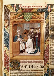 Der heilige Ambrosius (339-397), Erzbischof von Mailand, präsentiert seine Werke einem Verwandten, aus den „Werken des heiligen Ambrosius (Bd. 1)“