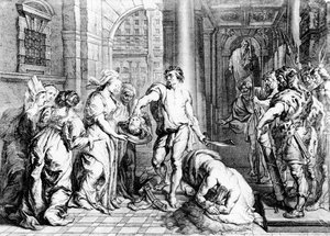 Die Hinrichtung von Johannes dem Täufer, graviert von Martin I van den Enden (fl. 1630-54) von Erasmus Quellinus II