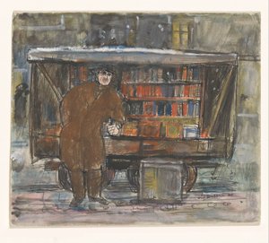 Buchhändler vor seinem Bücherwagen