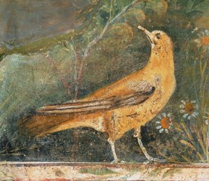 Vogel mit zwei Gänseblümchen (Fresko)