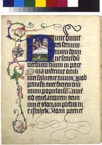 Vollseite: Text [Simeons Lobgesang] mit historisierter Initiale N und Ranken: Darstellung Jesu im Tempel von Erich Lessing