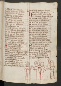 Ganzseitig: Text mit farbiger Zeichnung: Martha appelliert an Maria Magdalena, ihr sündiges Leben aufzugeben