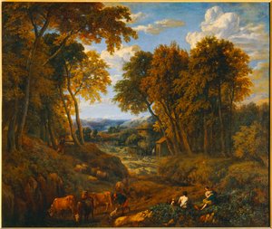 Landschaft mit Hirten und Herden auf einem Waldweg von Erich Lessing