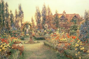 Ansicht eines Landhauses und Gartens