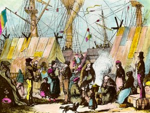 Familien von Auswanderern, die im Hafen von Le Havre kampieren. Gravur von Ernest Charton (1813-1905)