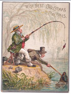 Viktorianische Weihnachtskarte von zwei Männern beim Angeln am Fluss, ca. 1880