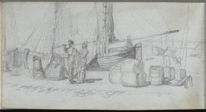 Skizzenbuch, Seite 50: Boote, Figuren, Fracht am Strand von Ernest Meissonier