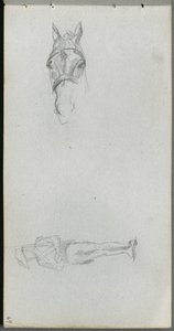 Skizzenbuch, Seite 69: Studie einer Hand, eines Pferdes und einer Figur