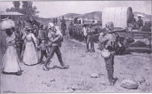 Britische Soldaten helfen Burenflüchtlingen, Illustration aus After Pretoria: The Guerilla War, 1902 von Ernest Prater