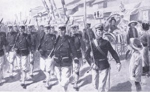 Japaner marschieren durch Tokio, Illustration aus Cassells Geschichte des Russisch-Japanischen Krieges Band 1, ca. 1900 von Ernest Prater