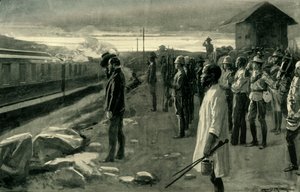 Der Zug, der die Überreste von Mr. Rhodes transportiert, wird von den Blockhauswachen begrüßt, 1902