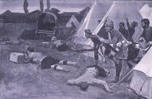 Der Angriff auf das britische Lager auf dem Marktplatz von Jacobsdal, Illustration aus After Pretoria: The Guerilla War, 1902 von Ernest Prater