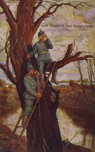 Gute Nachrichten für das Hauptquartier, deutsche Soldaten beobachten das Schlachtfeld und berichten dem Hauptquartier über ein Feldtelefon, Erster Weltkrieg, 1915 von Ernst Heilemann