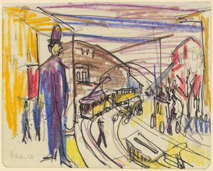 Großstadtstraße mit Straßenbahnen von Ernst Ludwig Kirchner