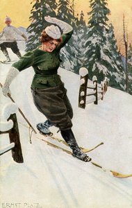 Frau beim Skifahren, spätes 19. oder frühes 20. Jahrhundert von Ernst Platz
