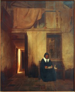 Interieur mit lesender Frau und Katze