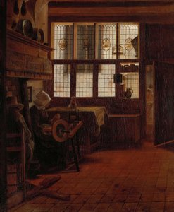 Innenraum mit Frau am Spinnrad von Esaias Boursse