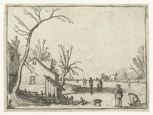 Bauernhof bei gefrorenem Fluss und Schlittschuhläufer auf dem Eis von Esaias van de Velde