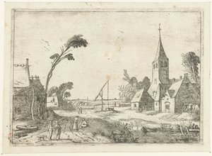 Dorfszene mit Bauernhöfen, Kirche und Brunnen (Liegende Landschaften)