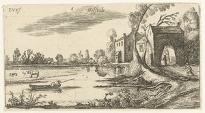 Landschaft mit einem Fluss und Torhaus