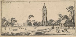 Landschaft mit Wiese und Dorfkirche