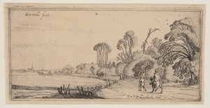 Landschaft mit einem Reiter und einem Spaziergänger auf einer Straße, aus Landschaften