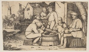 Sechs Bauern benutzen ein Fass als Tisch von Esaias van den Velde I