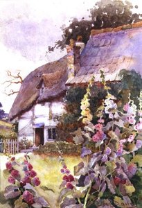 Stockrosen vor einem strohgedeckten Cottage