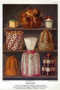 Verschiedene Kuchen: Brioche, Lack, Mandelpastete mit Sahne und Erdbeeren, Croquenbouche de Genoise, Pariser Nougat, Biskuit, Sultane, Breton - Tafel Nr. 2 aus dem Patisserie-Buch von Jules Gouffe, Offizier de bouche du Jockey-Club de Paris