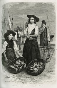 Fischhändler, die traditionelle Frauenkleidung tragen: kurzer Rock und plissiert, Mieder mit Silberknöpfen, bedeckt mit einem breiten schwarzen Filzhut. Gravur von E. Ronjat, zur Illustration der Geschichte Eine Woche in Lissabon von Jules Leclercq, veröff von Etienne Antoine Eugene Ronjat