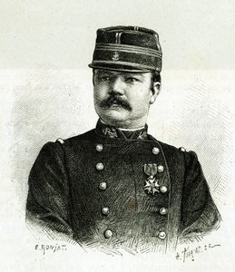 Porträt von Kapitän Valliere, der Marineinfanterie, während der Expedition nach Afrika unter dem Kommando von Gallieni. Gravur von E. Ronjat, nach einem Foto, zur Illustration der Geschichte „Erkundung des Oberen Niger (heutiges Mali)“ von Kommandant Galli von Etienne Antoine Eugene Ronjat