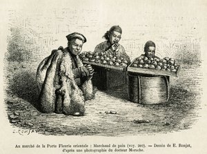 Der Brothändler am Fuß des Orientalischen Blumentors des Kaiserpalastes in Peking, eine aktuelle Szene des täglichen Lebens. Gravur nach der Zeichnung von E. Ronjat, um die Reise nach Peking und Nordchina von T. Choutze in 1873 zu illustrieren, veröffentli von Etienne Antoine Eugene Ronjat