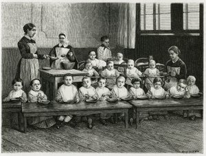 Das Kindermahl in der Kinderkrippe. Gravur von E. Ronjat zur Illustration der Geschichte „Atravers l