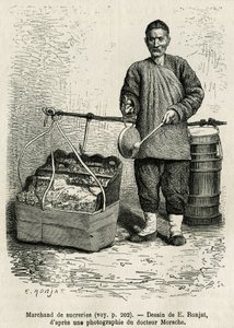 Der Zuckerhändler schlägt auf eine flache Trommel, um auf seine getrockneten Aprikosen, kandierten Äpfel und Karamell-Bonbons aufmerksam zu machen, während er das Orientalische Blumentor des Kaiserpalastes in Peking entlanggeht. Gravur nach der Zeichnung v